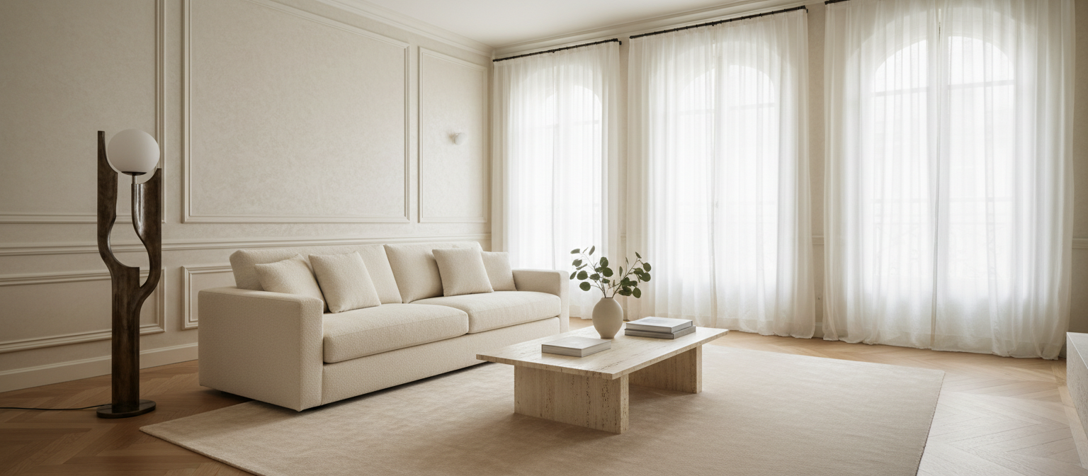 Intérieur haussmannien lumineux avec canapé bouclé crème, table basse en travertin et parquet chêne