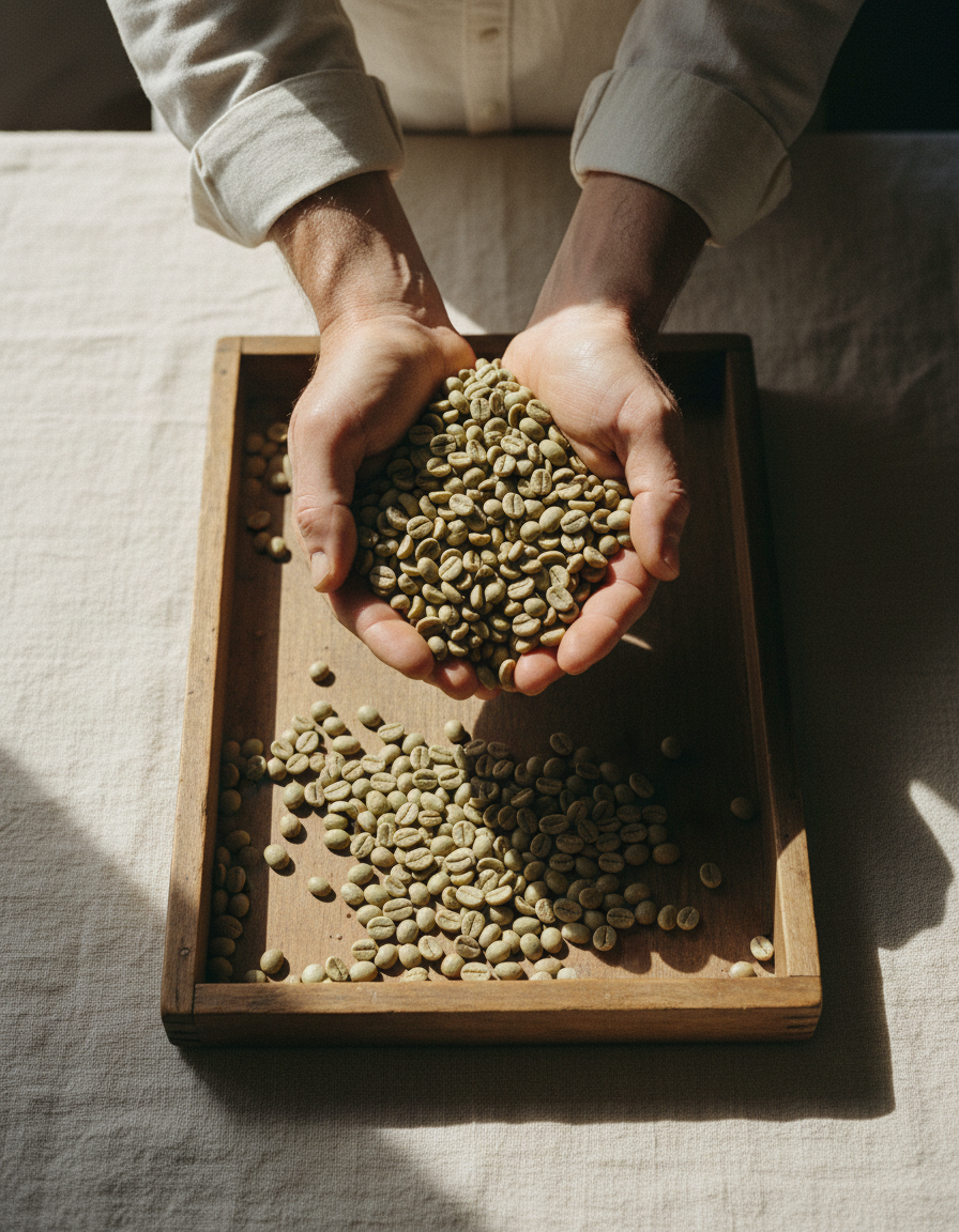 Hands lifting pale green unroasted coffee beans above a wooden sorting tray