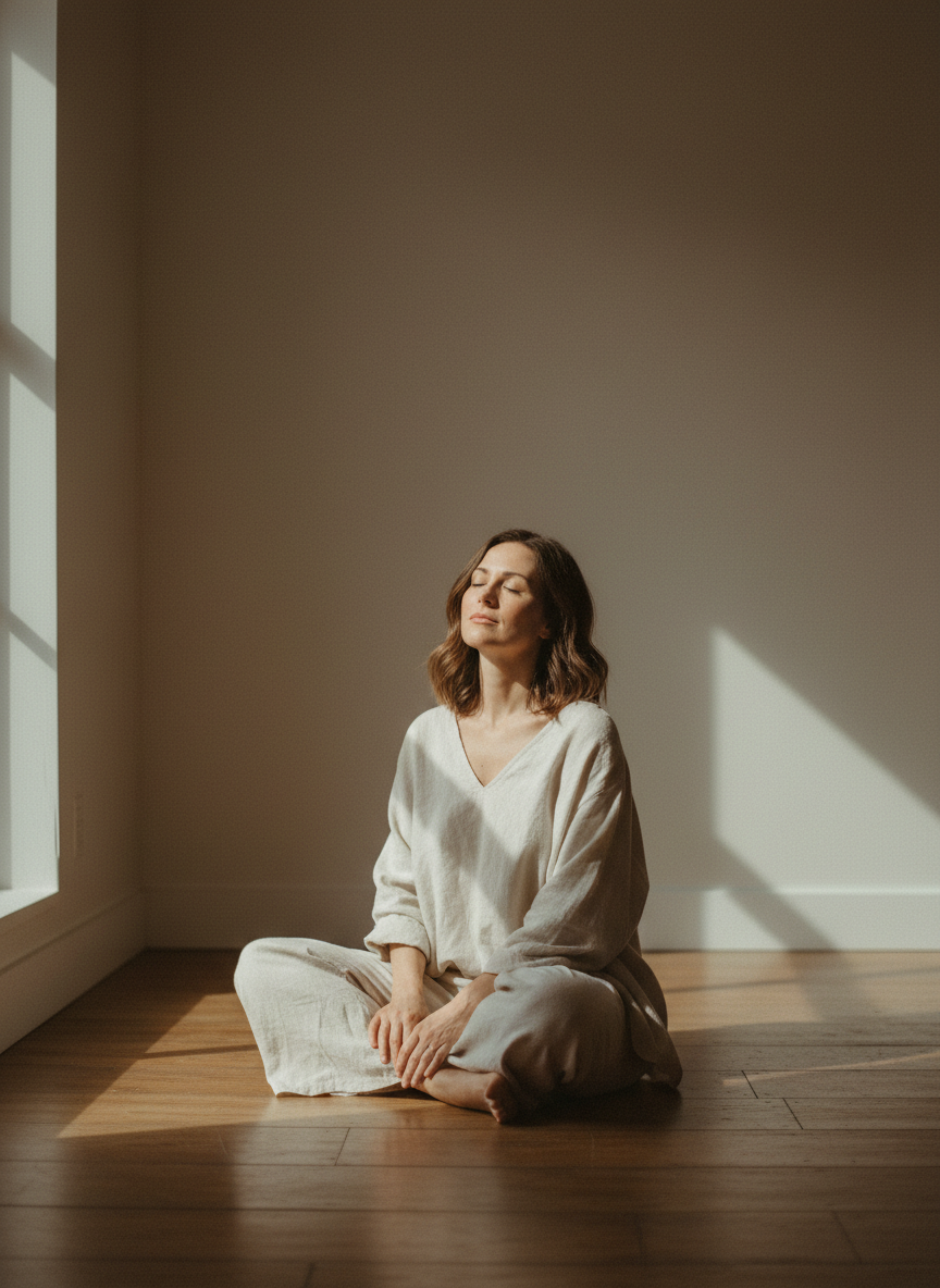 Woman sitting cross-legged with eyes closed in a sunlit minimal room