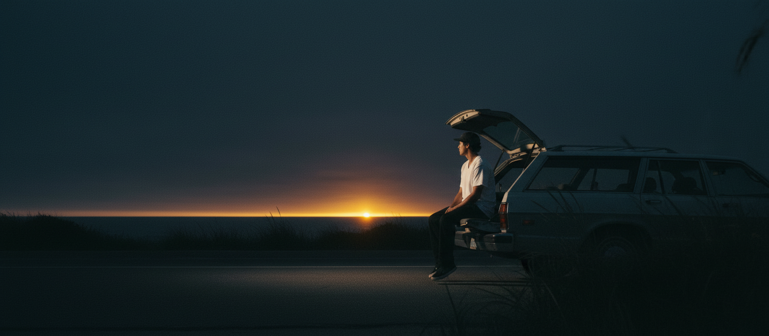 Sitting on an open tailgate on an empty coastal road as the last light drops
