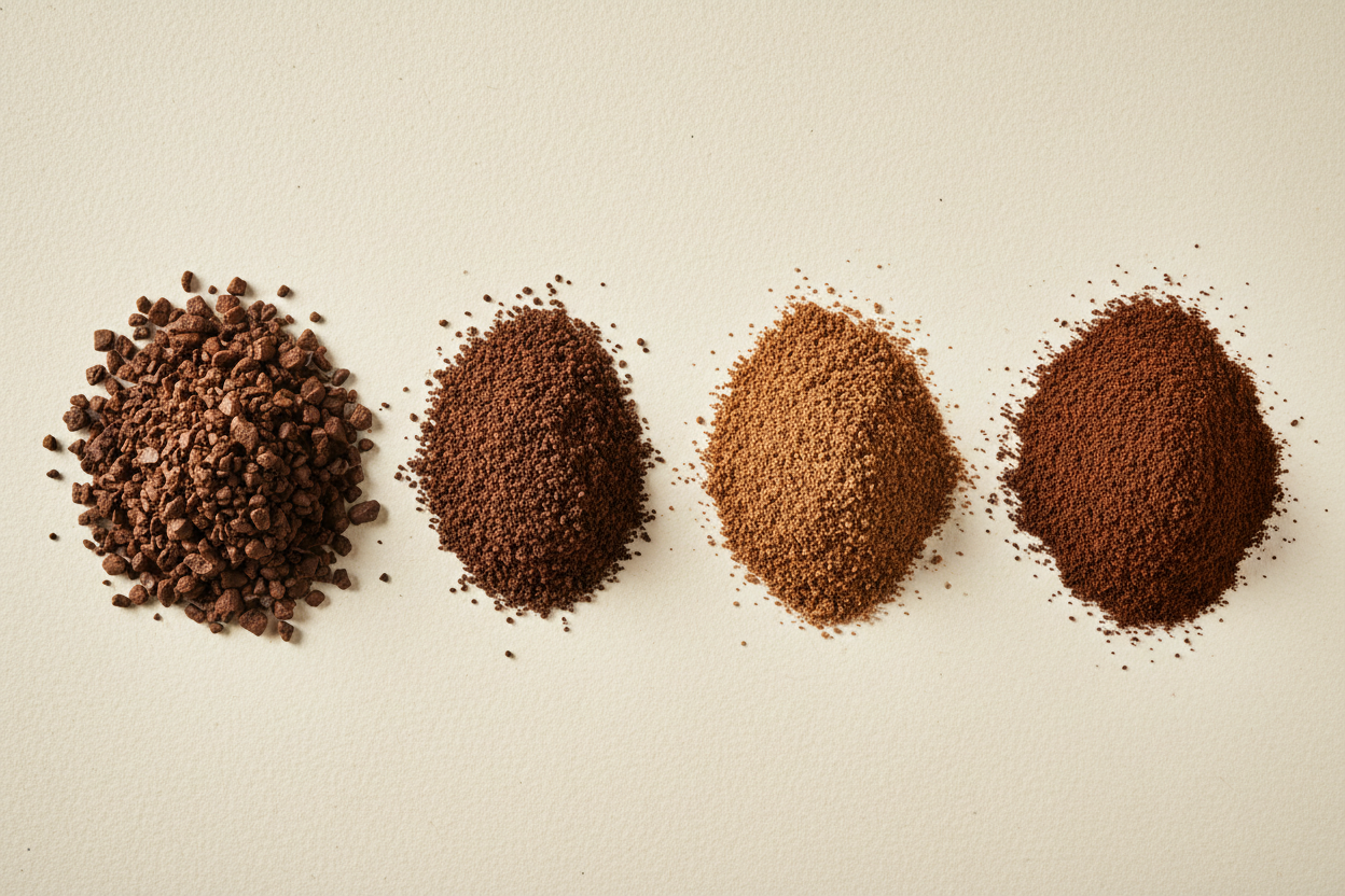 Four piles of ground coffee on cream paper, from coarse to fine