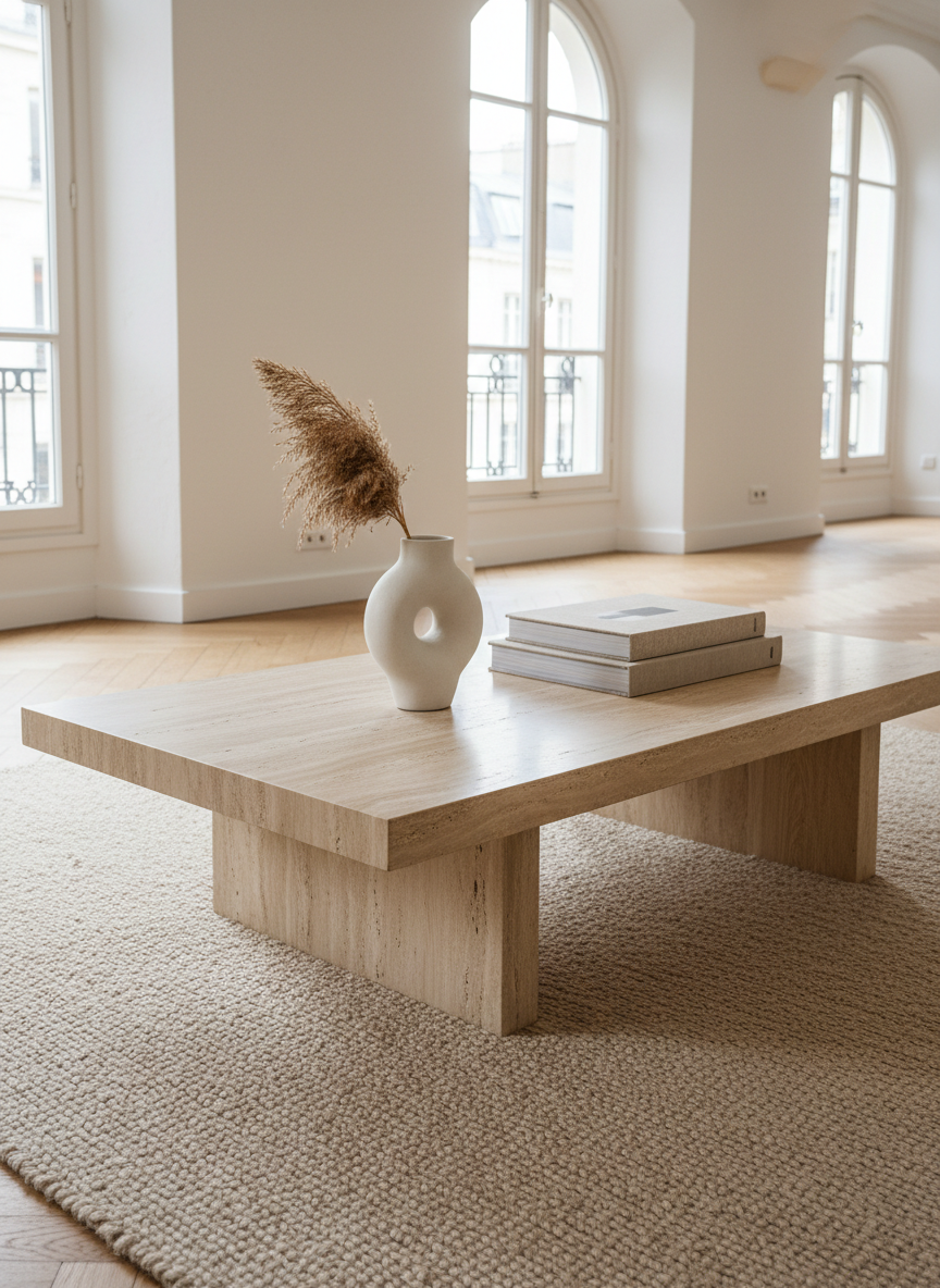 Table basse en travertin et chêne clair posée sur un tapis de laine beige