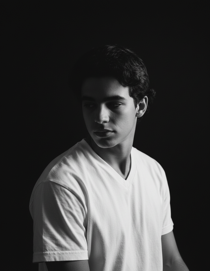 Black and white portrait in the white tee