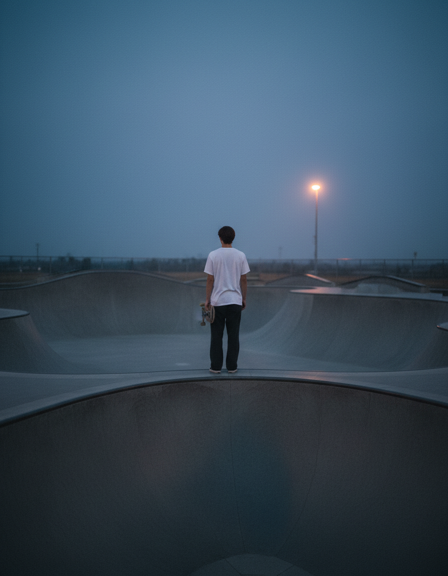 A lone figure with a skateboard at the lip of a concrete bowl at blue hour