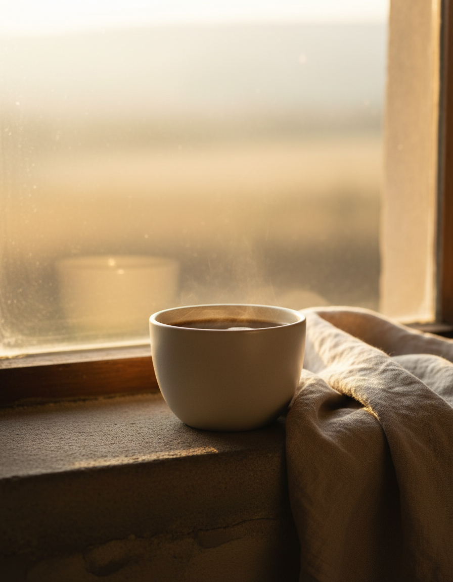 A cup of coffee on a stone windowsill in warm sunrise light