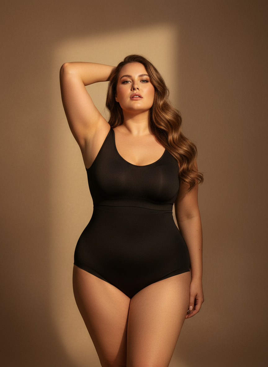 Woman wearing a black smoothing shaping bodysuit in warm studio light