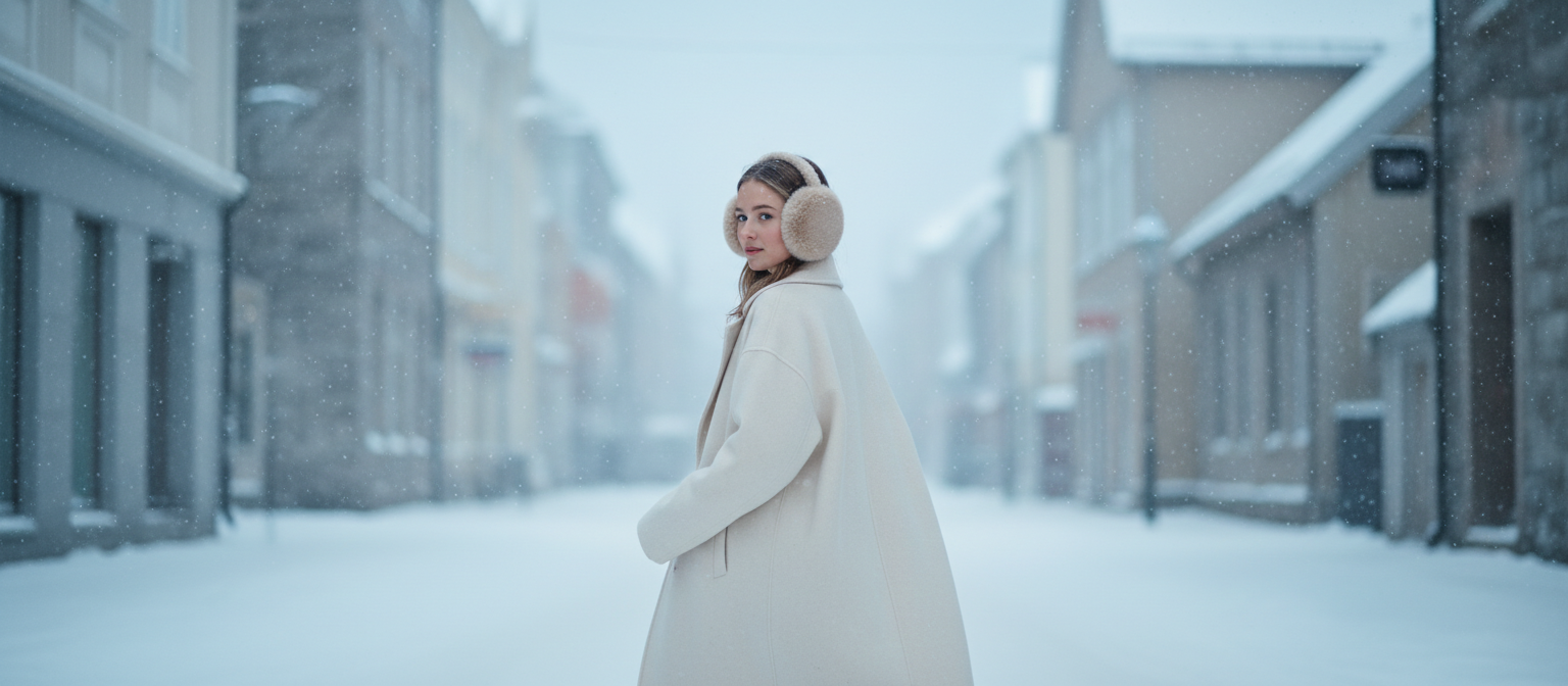 Woman in a cream wool coat and faux fur earmuffs walking down a snow-covered Scandinavian street
