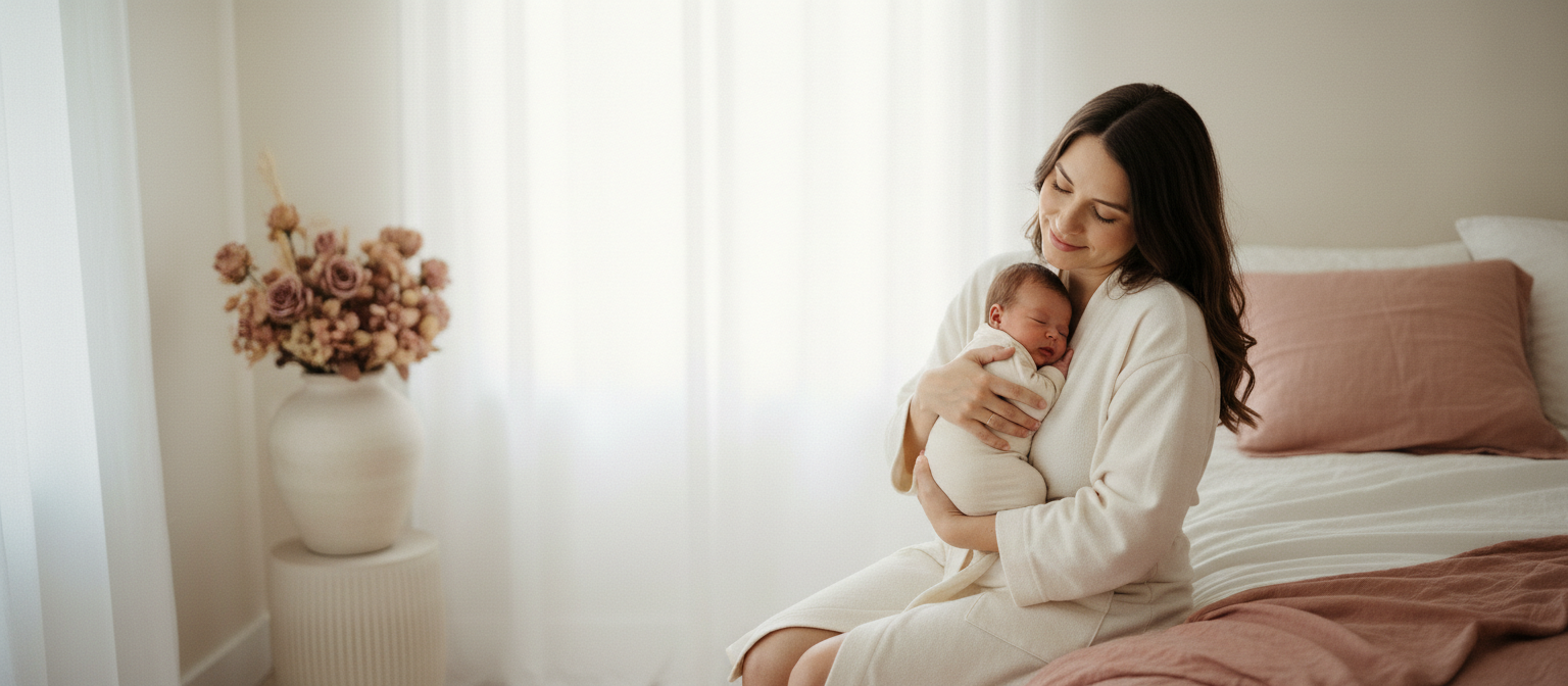 New mother sitting on the edge of a bed in a warm ivory bedroom, holding her newborn baby close