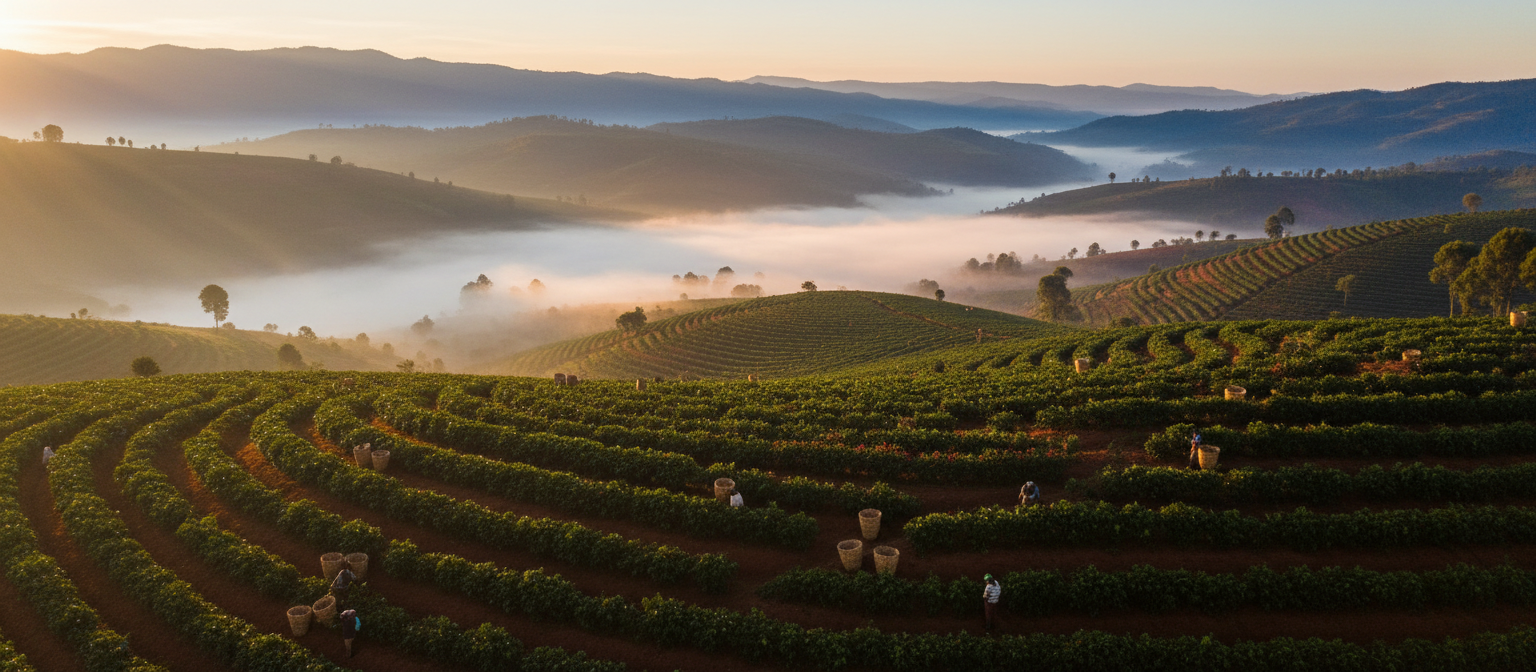 Terraced coffee farm in the East African highlands at sunrise