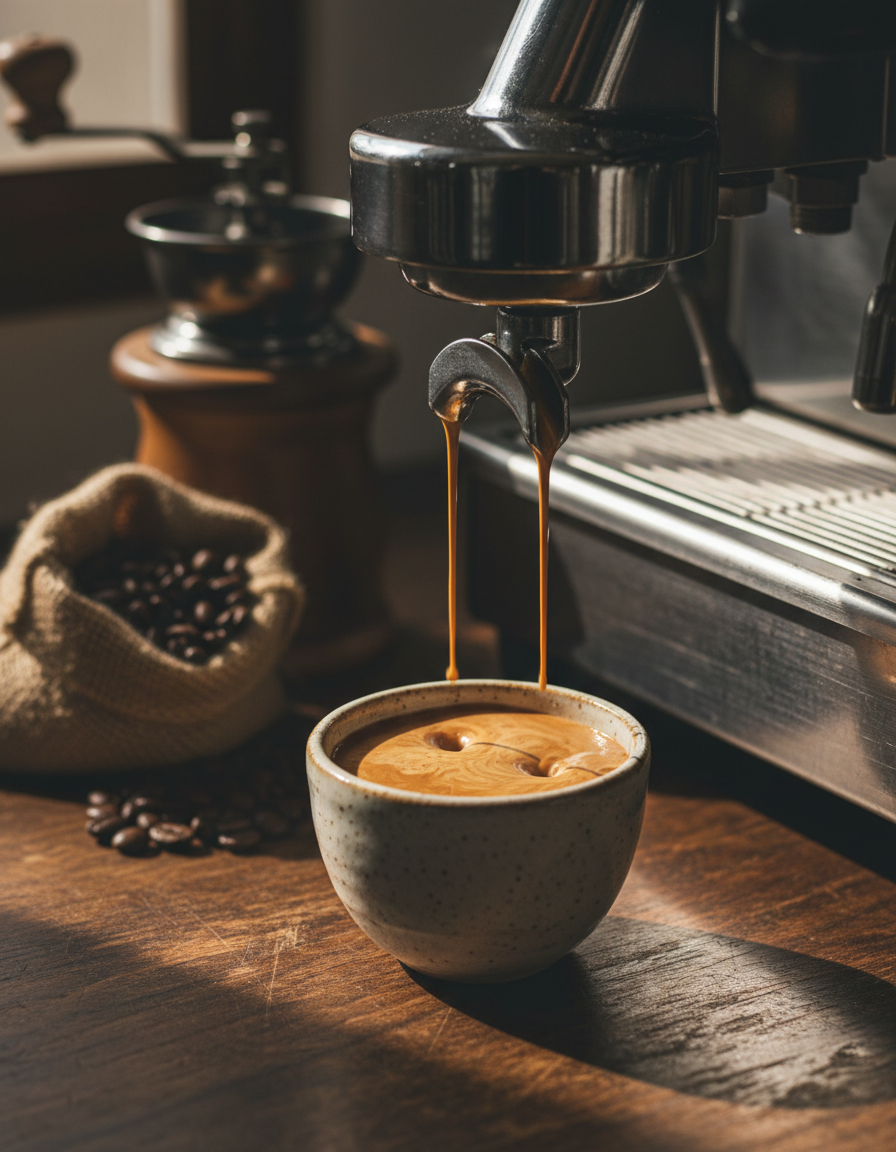 A double espresso shot pulling into a ceramic cup with thick crema