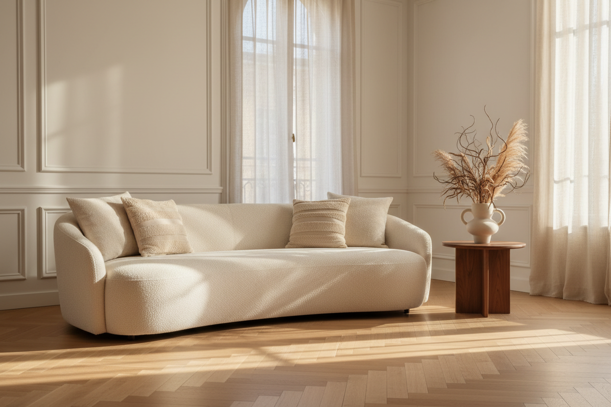 Grand salon contemporain avec canapé courbe crème, branches séchées et parquet en chêne