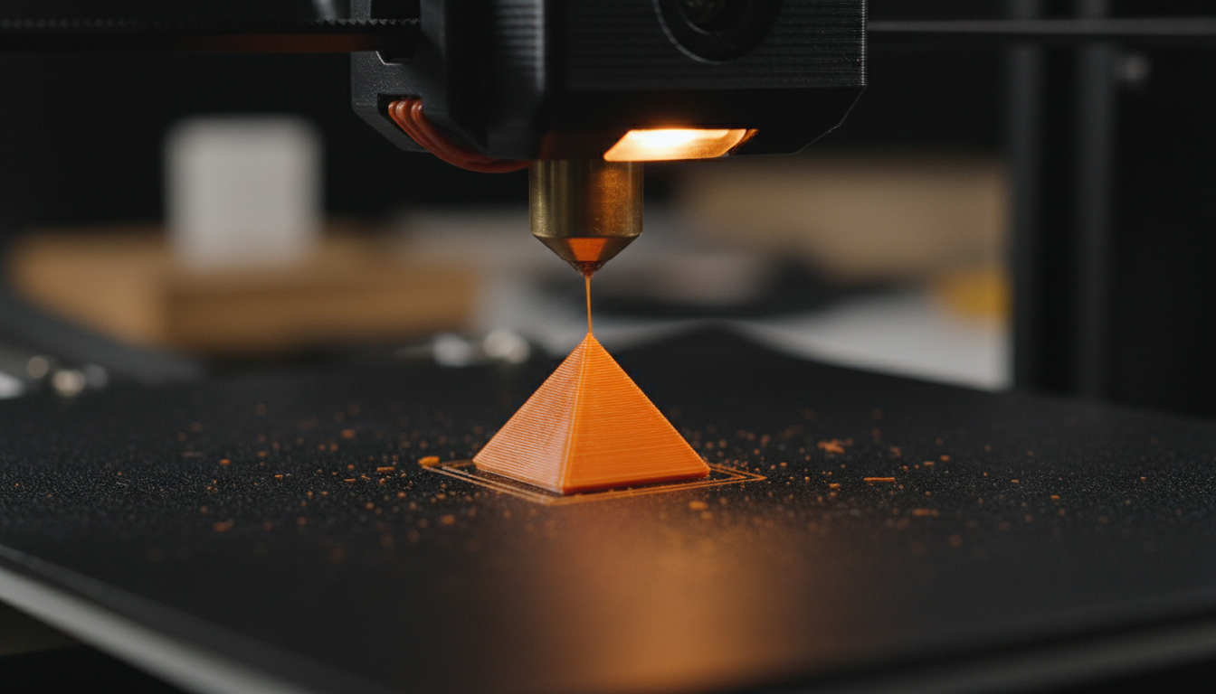 Nahaufnahme einer Druckdüse, die ein kleines orangefarbenes Objekt Schicht für Schicht aufbaut