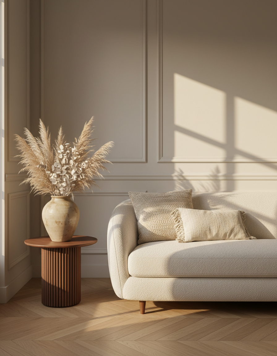 Coin salon chaleureux avec canapé courbe crème, table d’appoint en noyer et lumière de fin d’après-midi