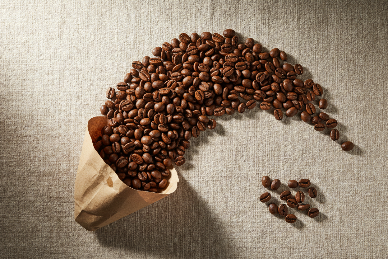 Freshly roasted medium-dark coffee beans on cream linen