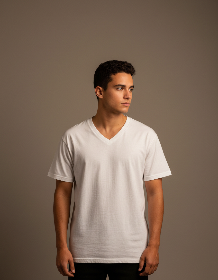 Studio portrait against a warm gray backdrop in the white tee