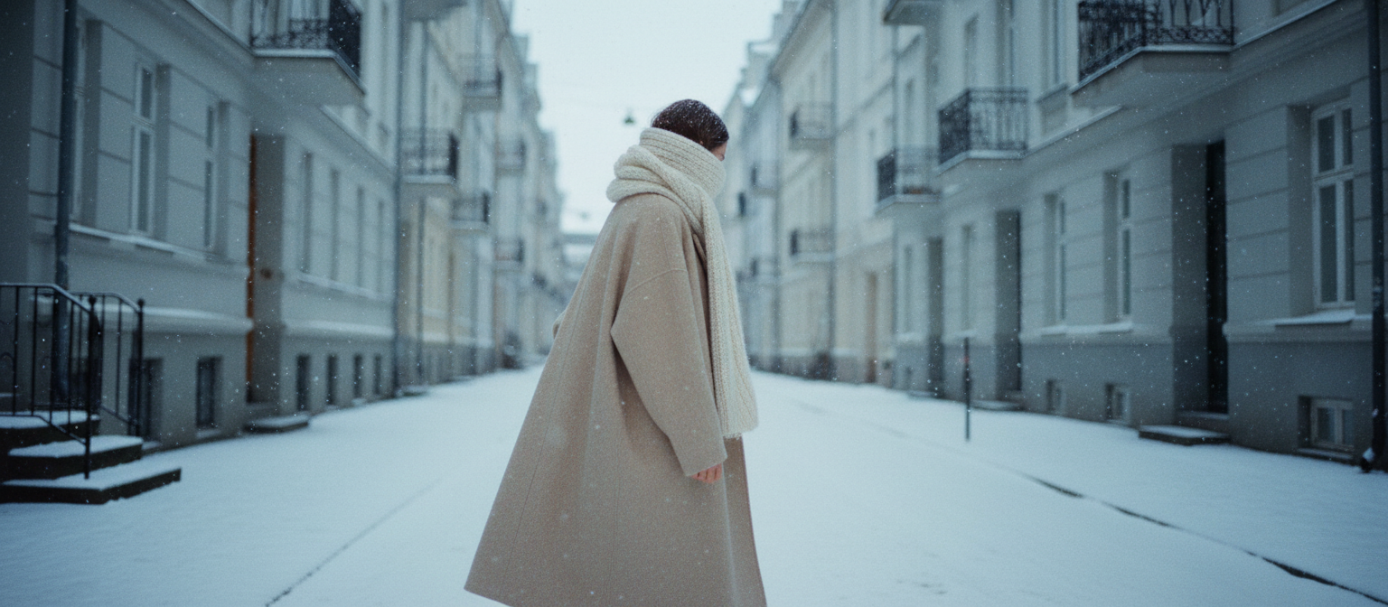 Woman in an oatmeal wool coat walking down a snow-covered European street