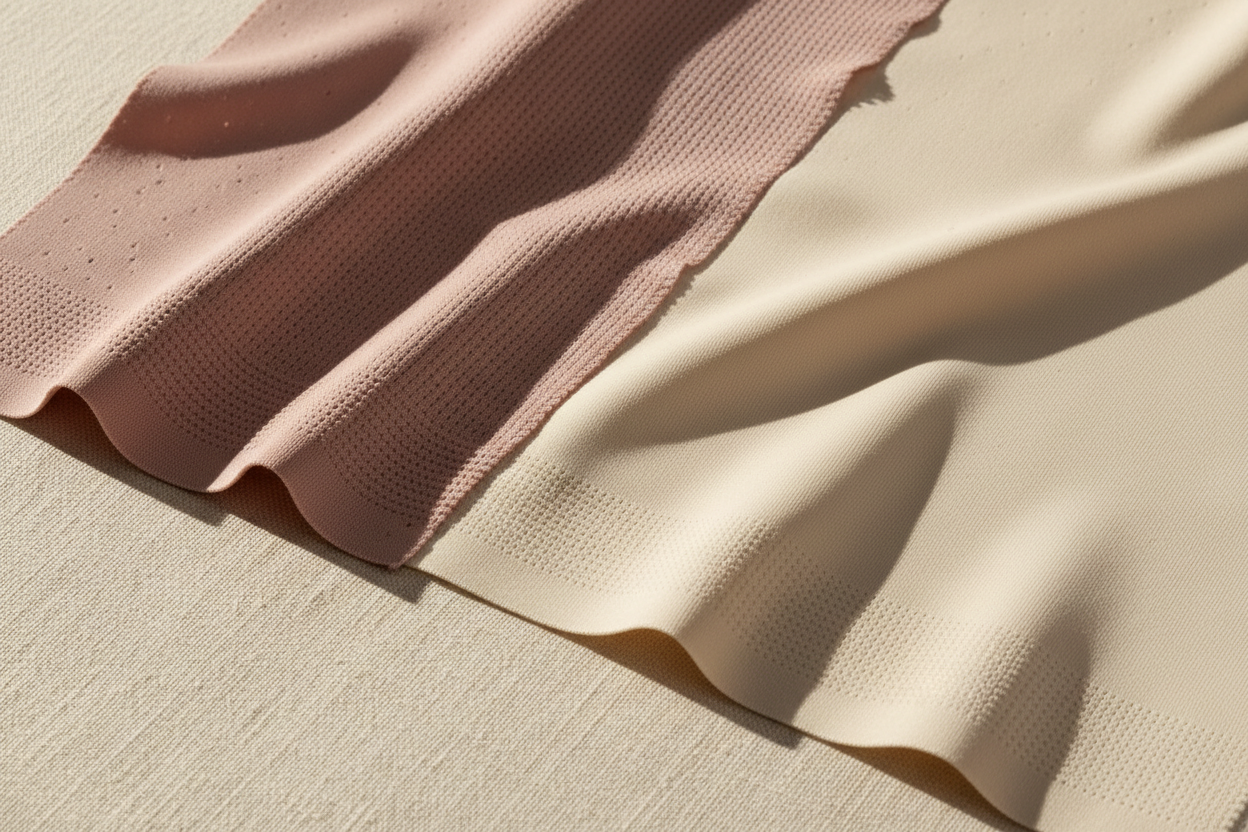 Close-up of two shapewear fabrics side by side — a soft breathable knit and a firmer sculpting powernet