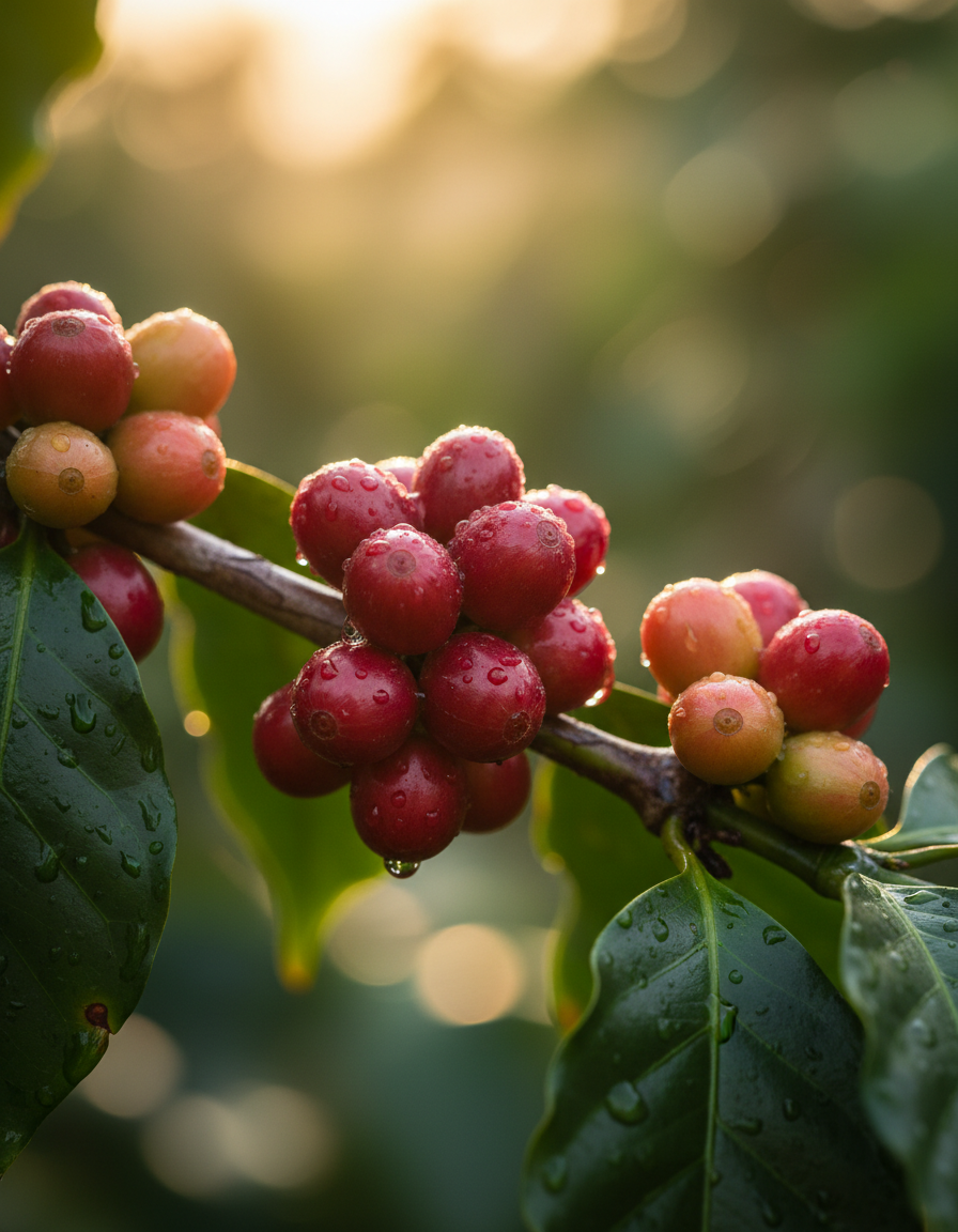 Ripe red coffee cherries on a branch with dark green leaves