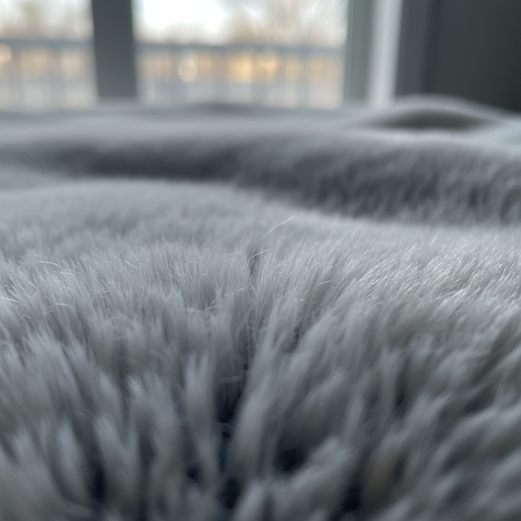 Close-up of pale grey faux fur texture