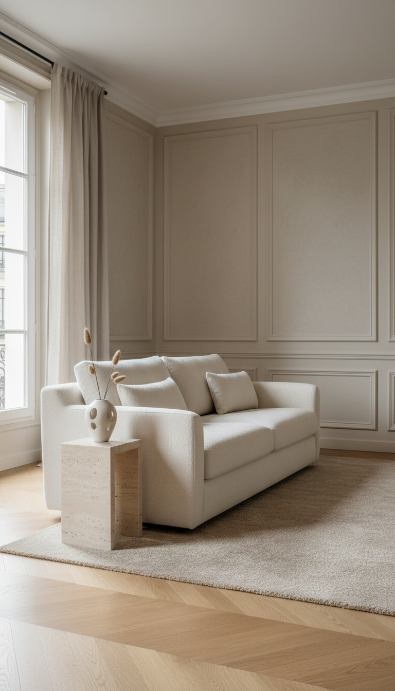 Salon parisien contemporain avec canapé bouclé crème et parquet en chêne clair