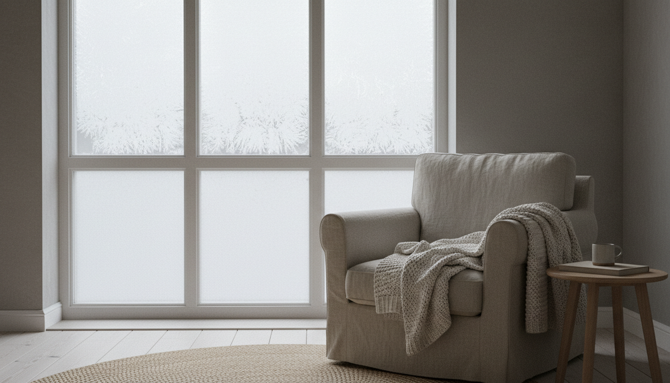 Frosted apartment window with a wool blanket draped over a linen armchair