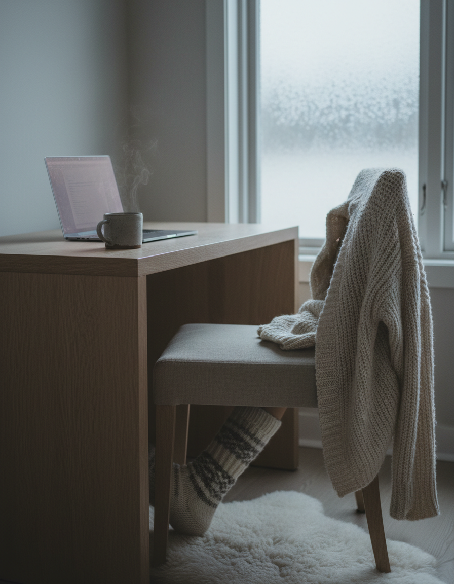 Winter home office with a frosted window, knitted cardigan and wool socks under a wooden desk