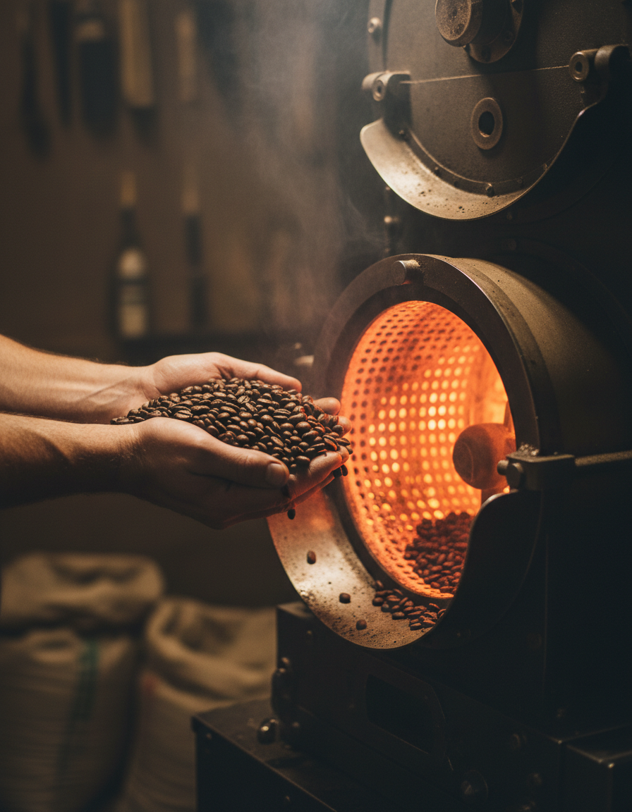 A roaster's hands cupping freshly roasted beans beside a drum roaster