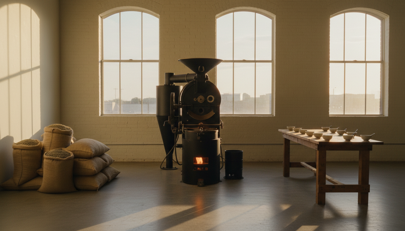 Sunlit small-batch roastery with a cast-iron drum roaster and sacks of green coffee