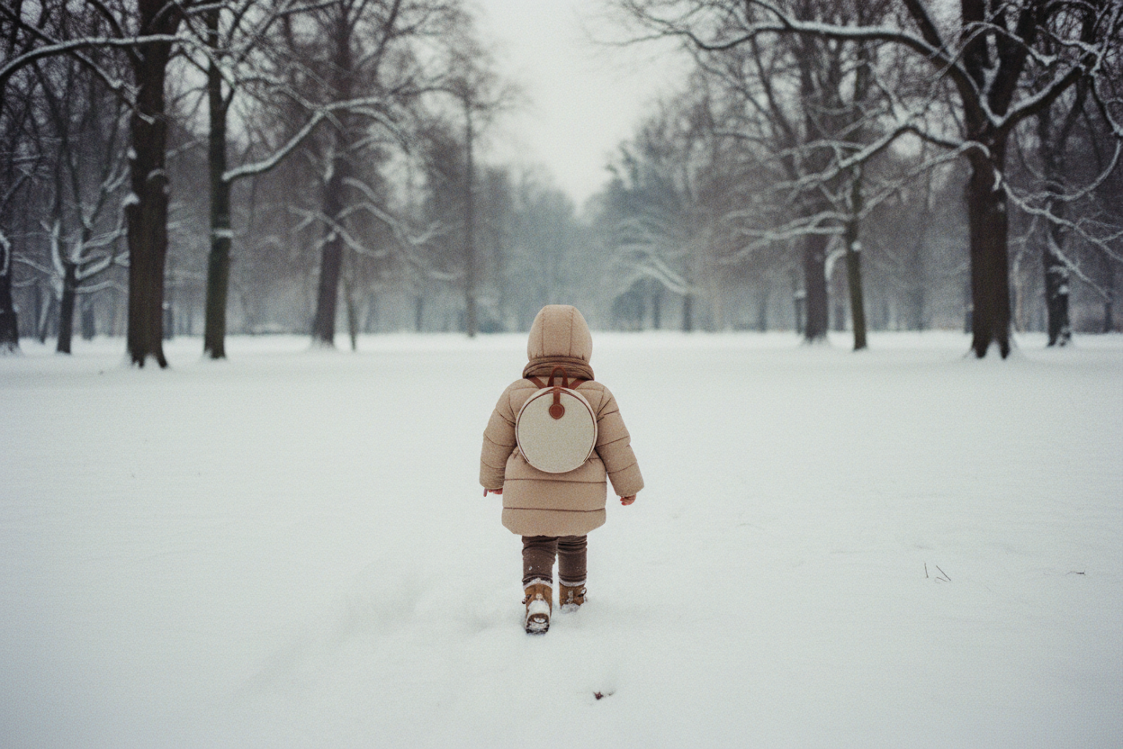 Child in a beige winter coat with a backpack walking through fresh snow