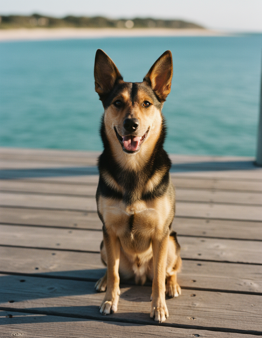 An Australian kelpie sitting on sun-bleached jetty timber in the daylight, looking up expectantly with calm turquoise water behind.