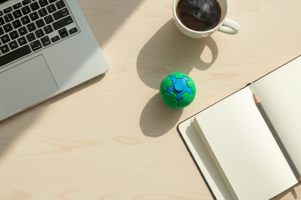 Ein kleiner grün-blauer 3D-gedruckter Spinner Ball liegt neben Notizbuch und Tasse auf einem Schreibtisch
