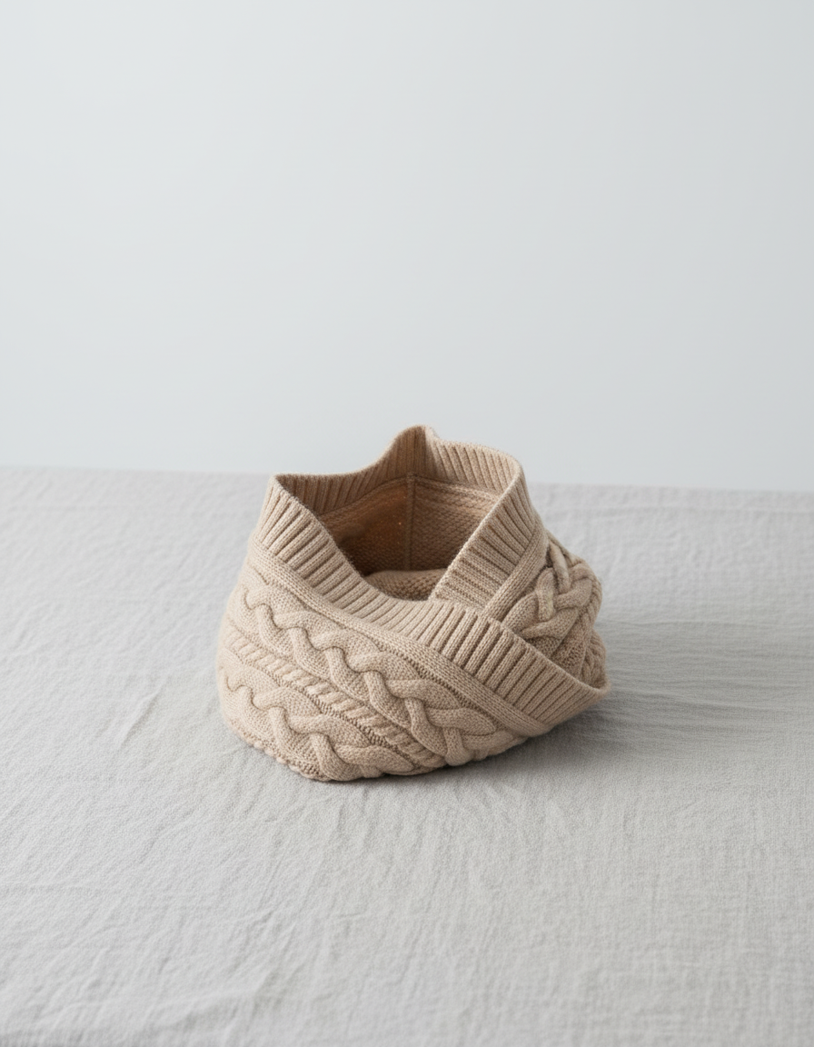 Cable knitted hooded neck warmer folded on pale linen