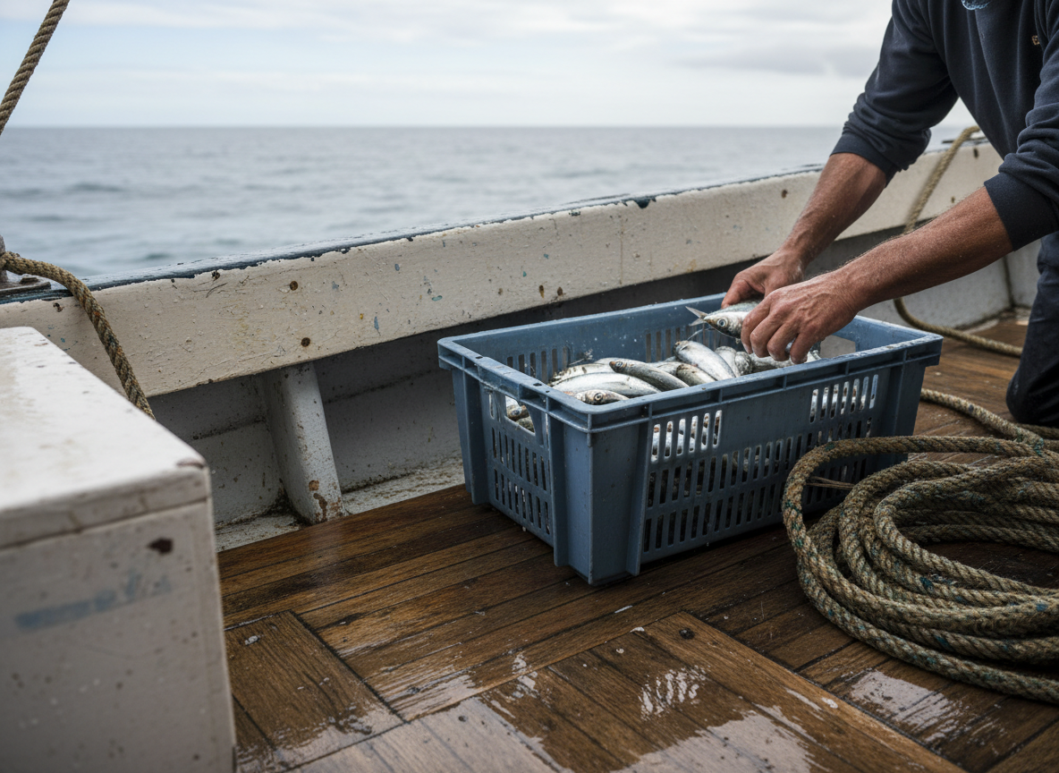 A fisher's hands sorting fresh whole silver fish into a crate on the wet deck of a small fishing boat at sea.
