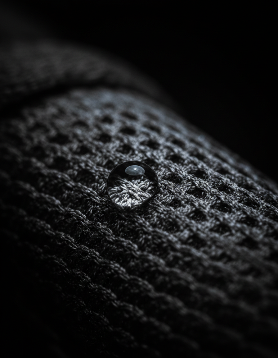 Macro detail of water beading on technical performance mesh fabric