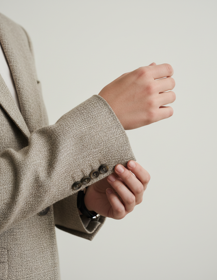 Mains ajustant le poignet d'une veste en laine beige finement taillée