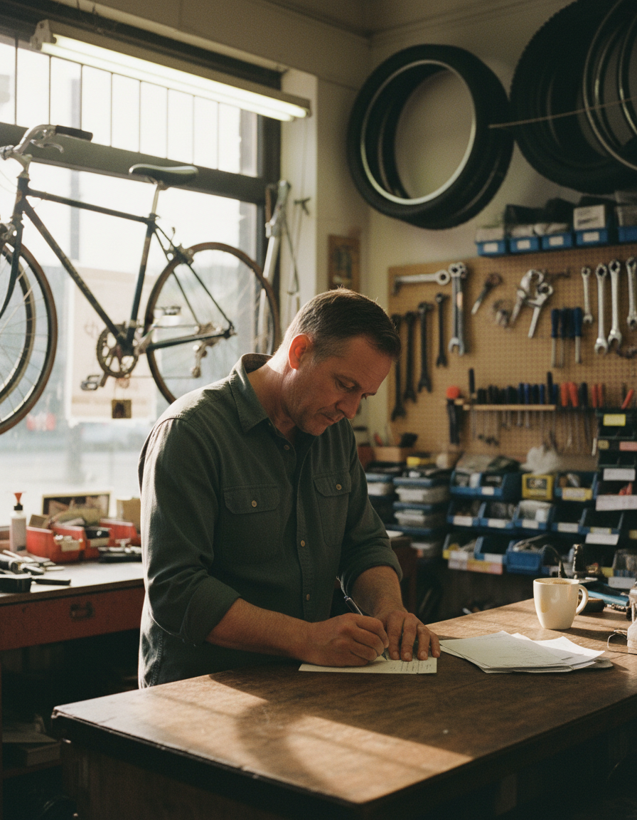 A bike shop owner concentrating on a repair tag in low afternoon light