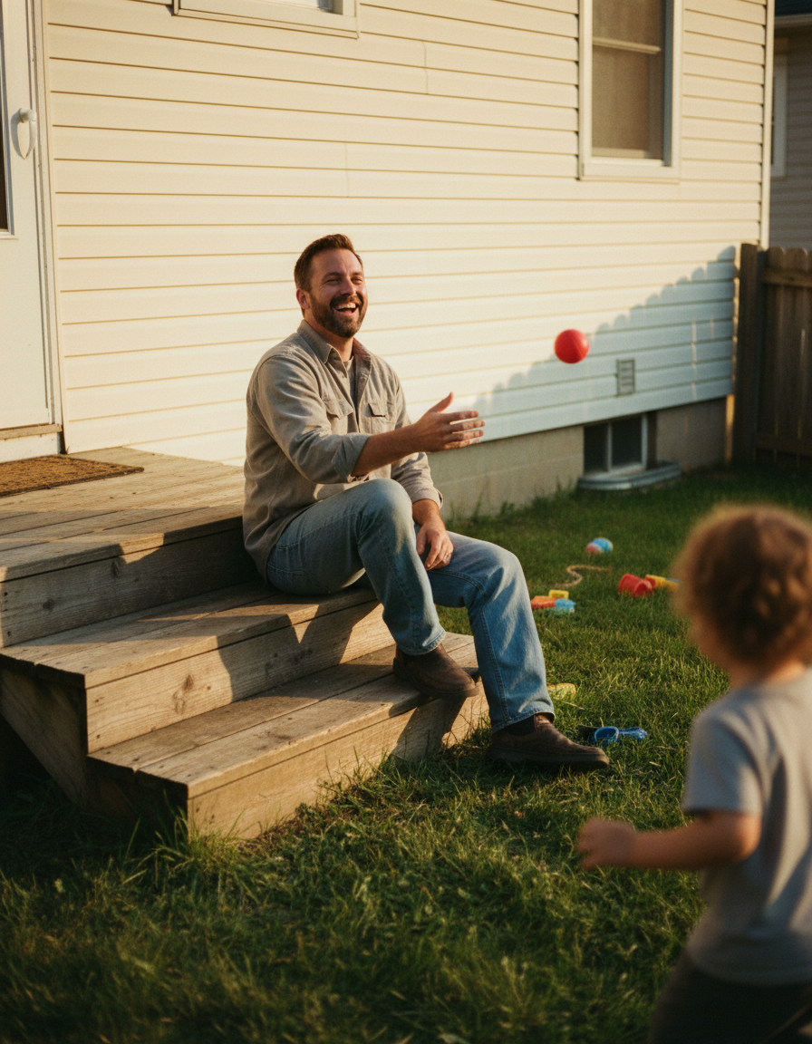 A man playing ball with his child in the backyard after work at golden hour