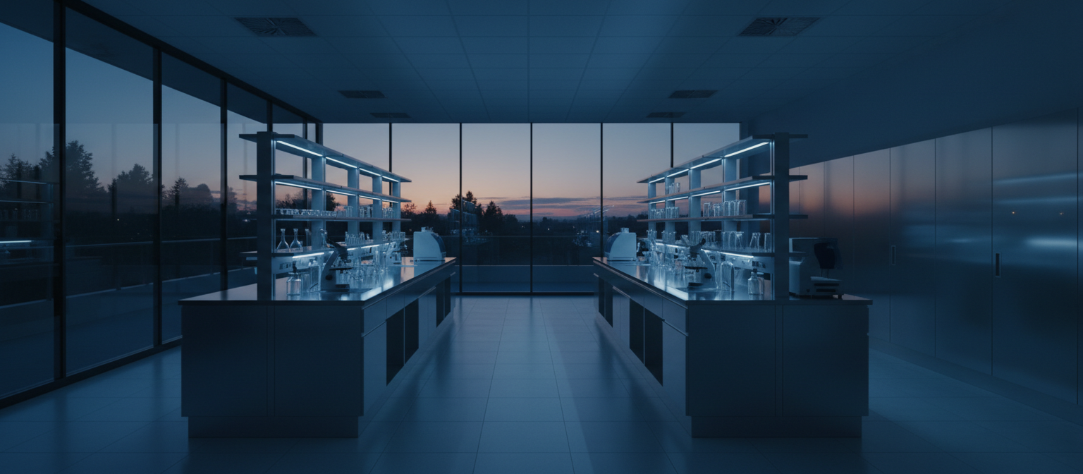 Modern dermatology research laboratory at dusk