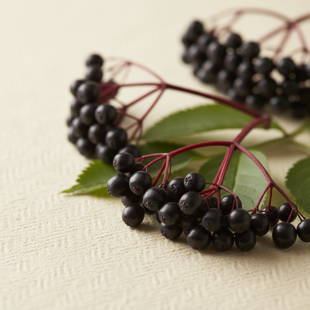 Fresh elderberry clusters on cream paper