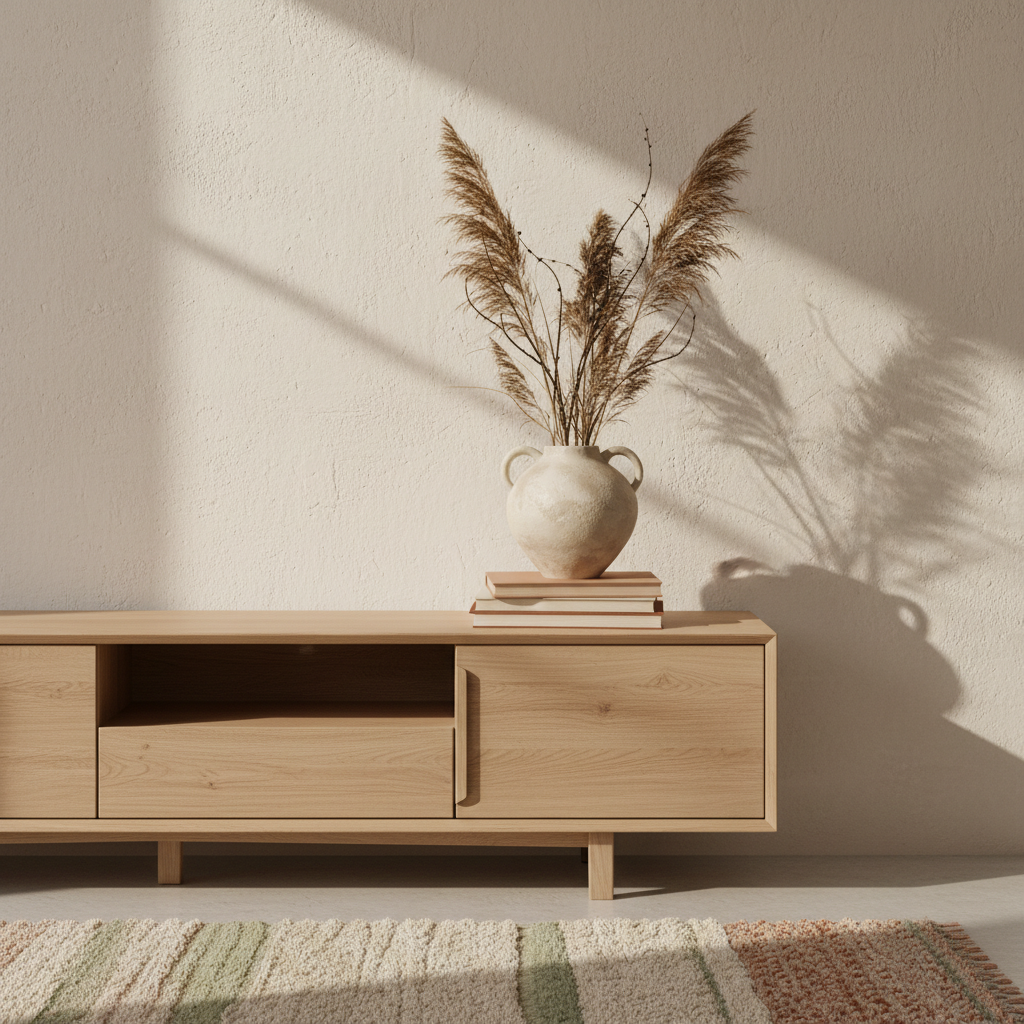 Meuble TV en bois clair devant un mur enduit blanc cassé avec branchages séchés