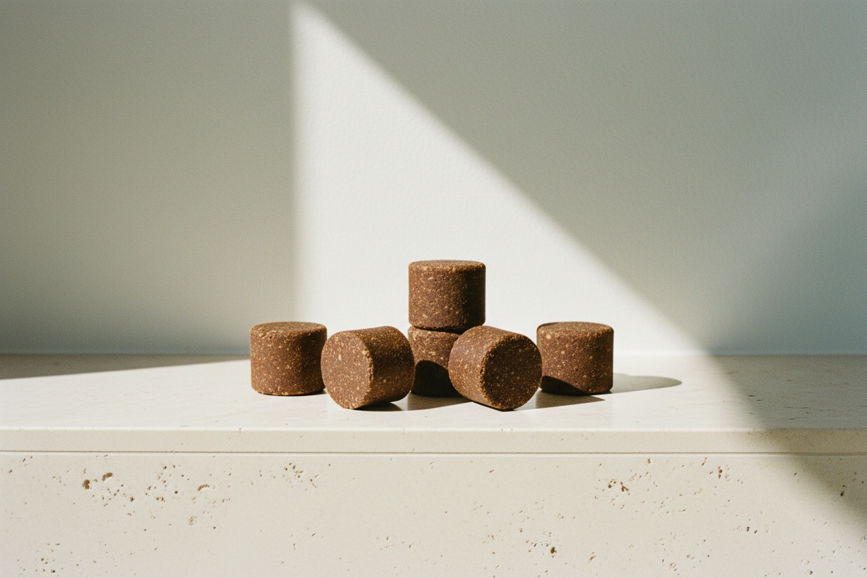 A cluster of cocoa-brown ÉQUILIBRE chews on a bright ivory travertine ledge in clean daylight