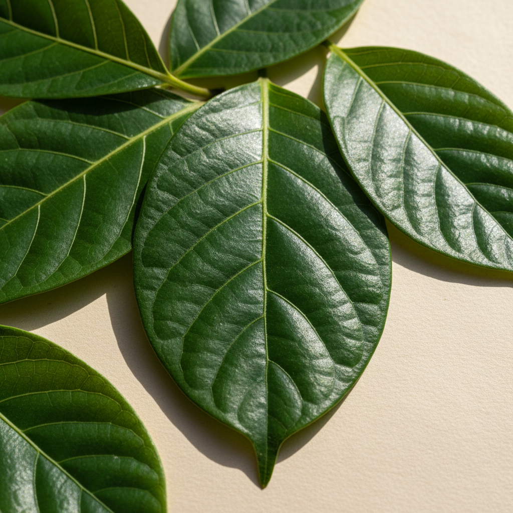 Fresh Mitragyna speciosa leaves on cream paper