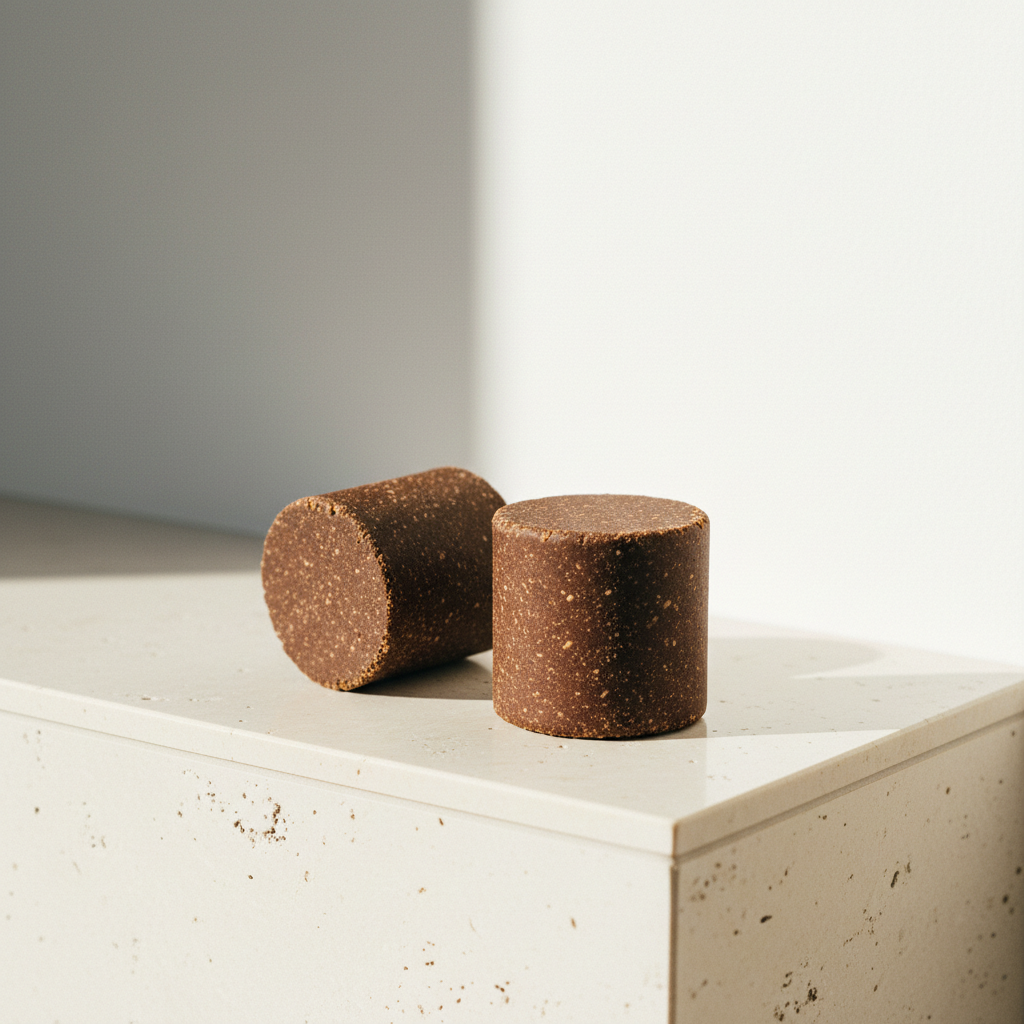 Two cocoa-brown cylindrical ÉQUILIBRE chews in close detail on a polished cream travertine ledge
