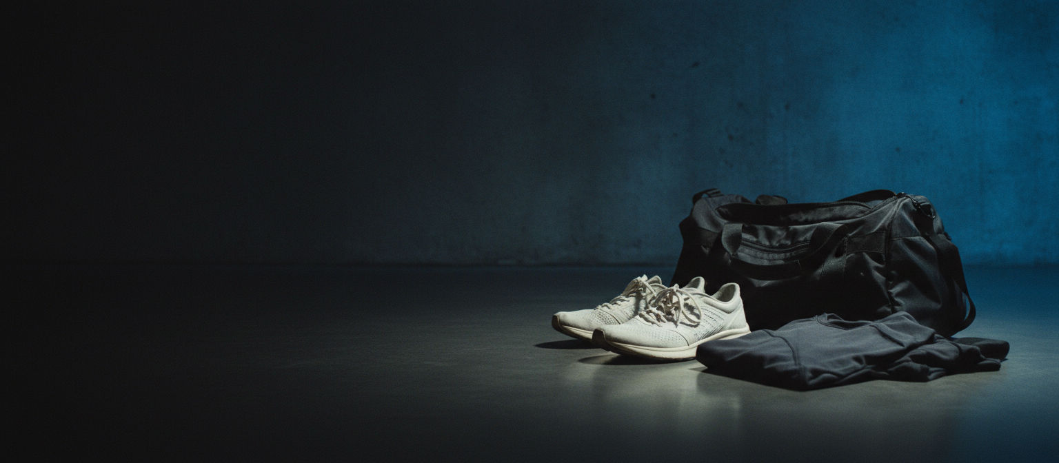 Worn white knit sneakers beside a black training duffel on dark concrete