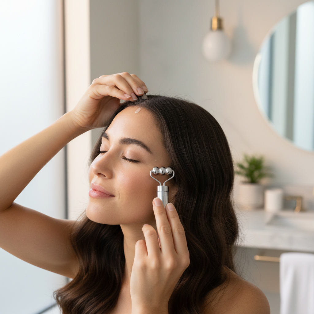 Applying the roller serum along the scalp part line