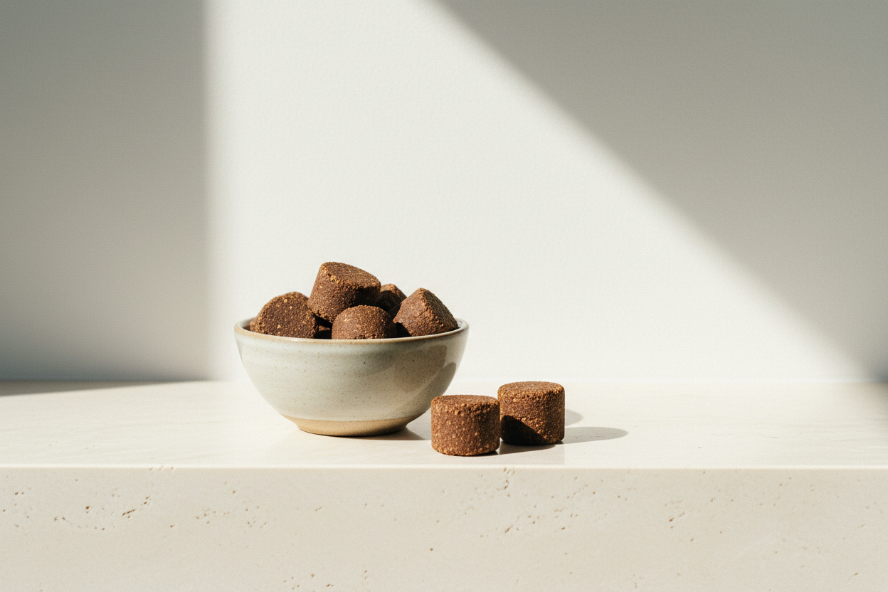 A speckled stoneware bowl of cocoa-brown ÉQUILIBRE chews on a bright ivory travertine ledge in clean daylight