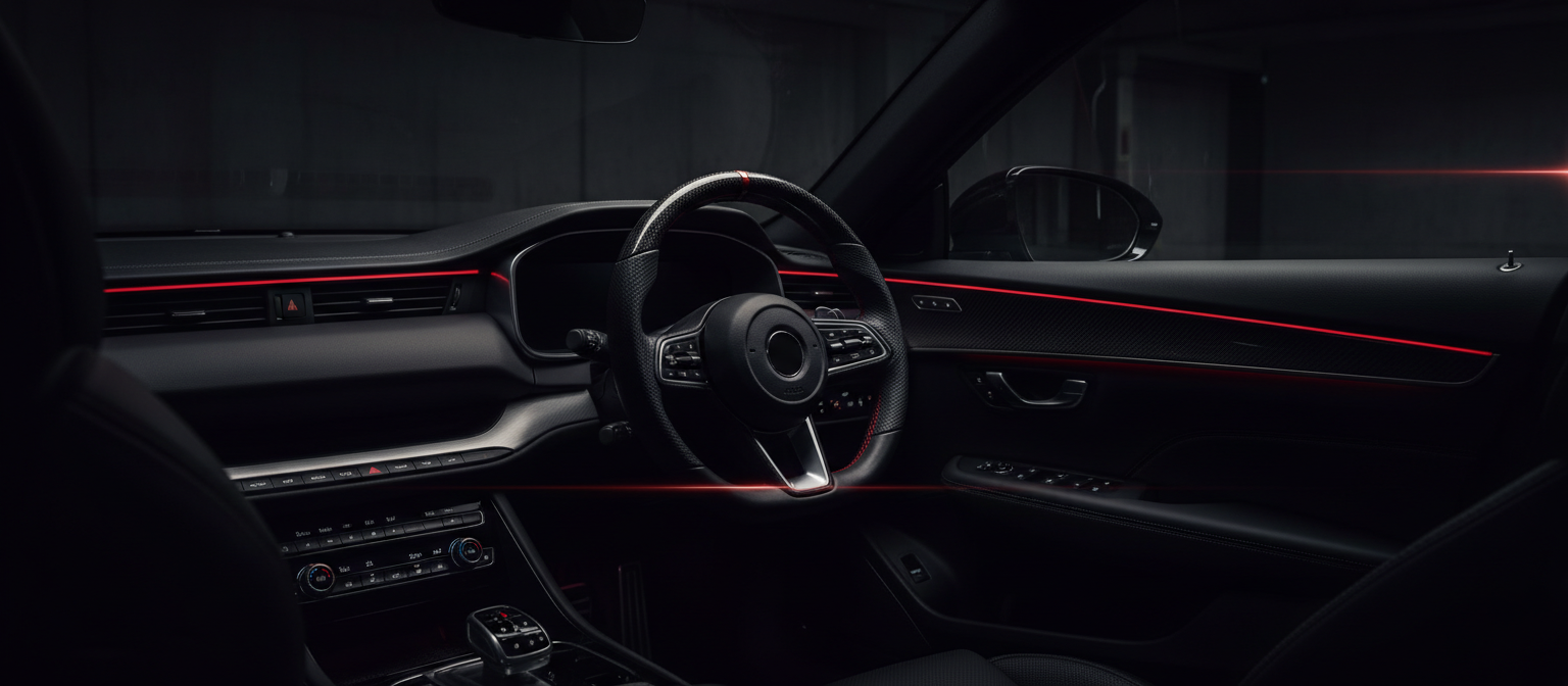Premium car interior detailing in a dark workshop