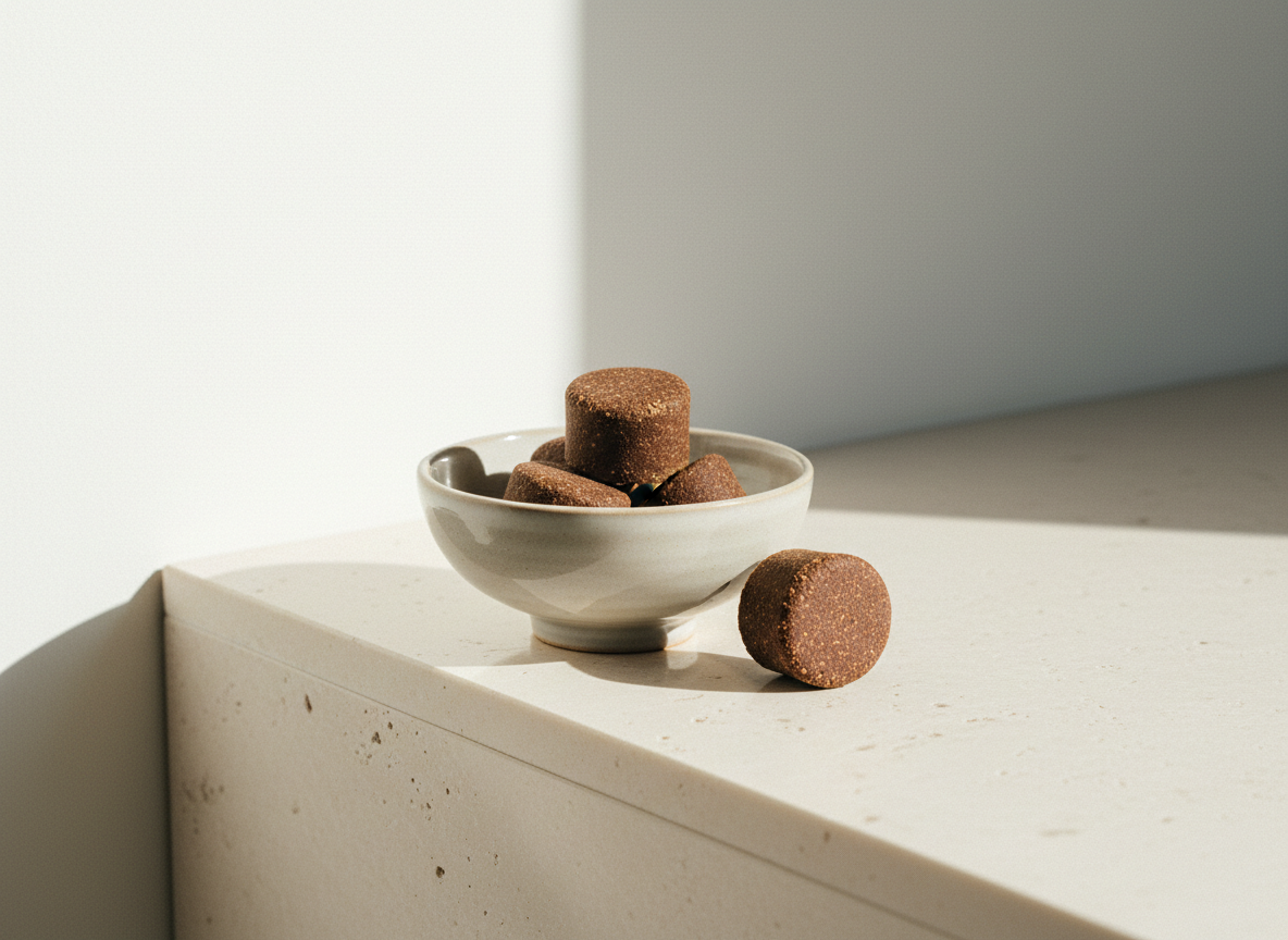 ÉQUILIBRE chews in a small pale stoneware bowl on an ivory travertine ledge in clean daylight