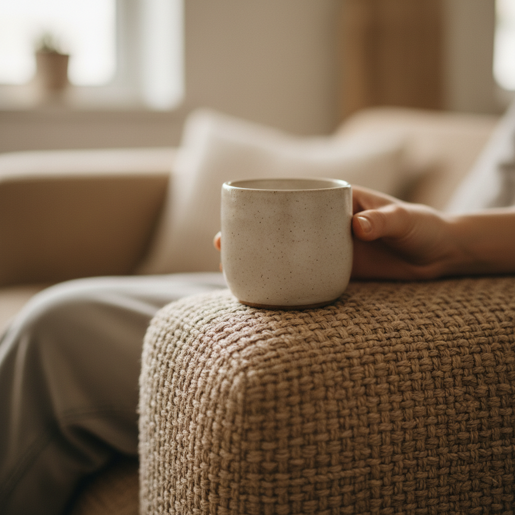 Détail d'un accoudoir de canapé en tissu texturé et tasse en grès