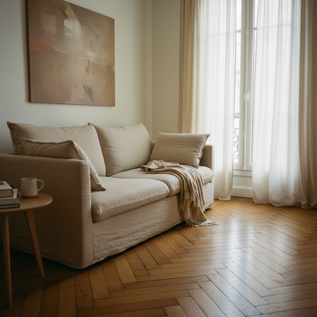 Canapé en lin beige dans un appartement lumineux au parquet en point de Hongrie